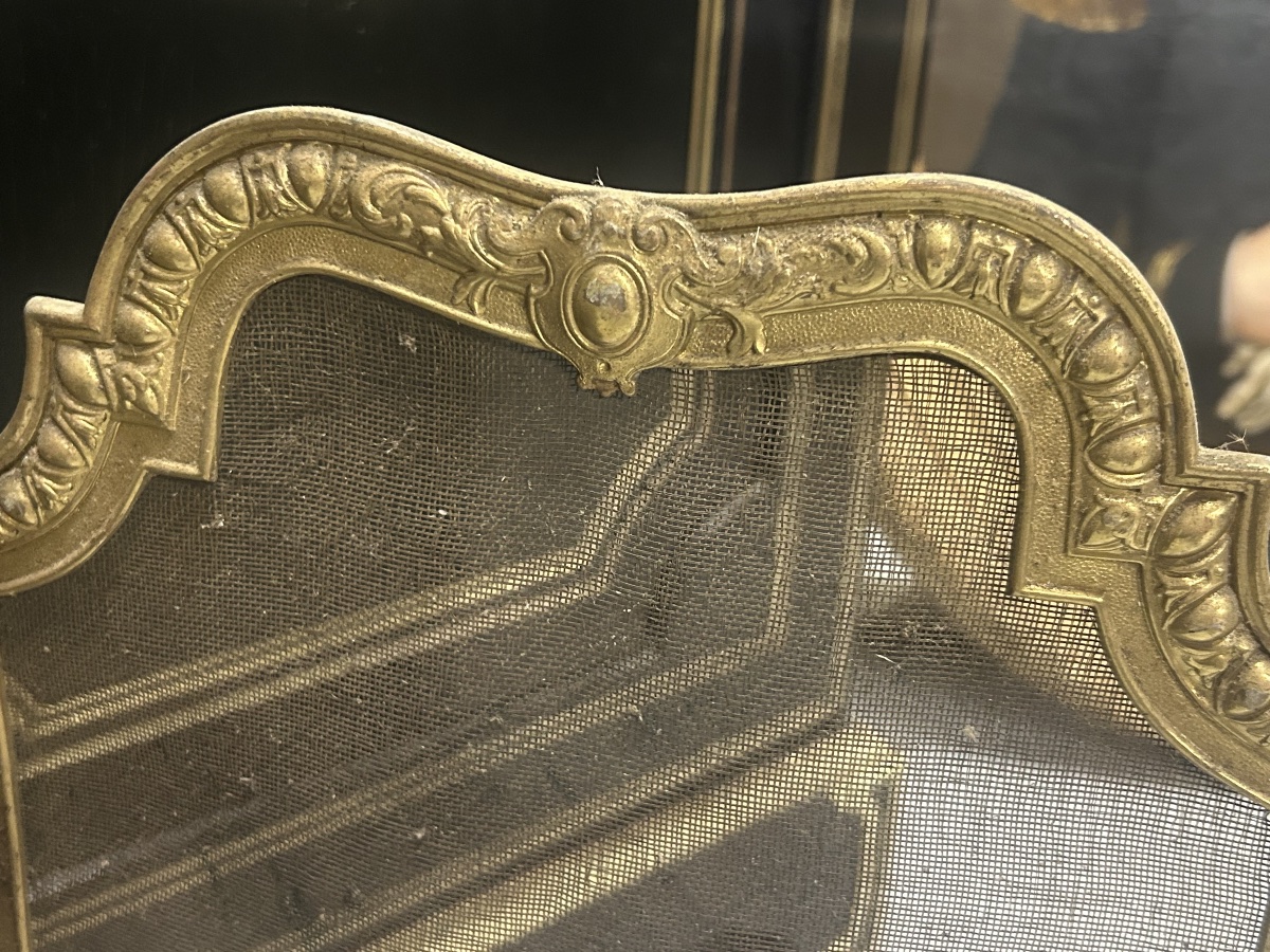 Vintage Late 19th-century Louis XV-style Brass Fireplace Screen Or Spark Guard -photo-2