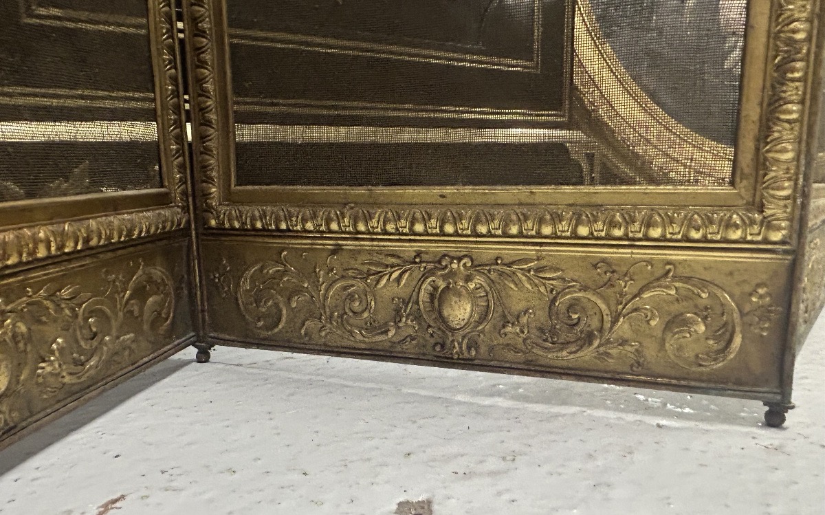 Vintage Late 19th-century Louis XV-style Brass Fireplace Screen Or Spark Guard -photo-3