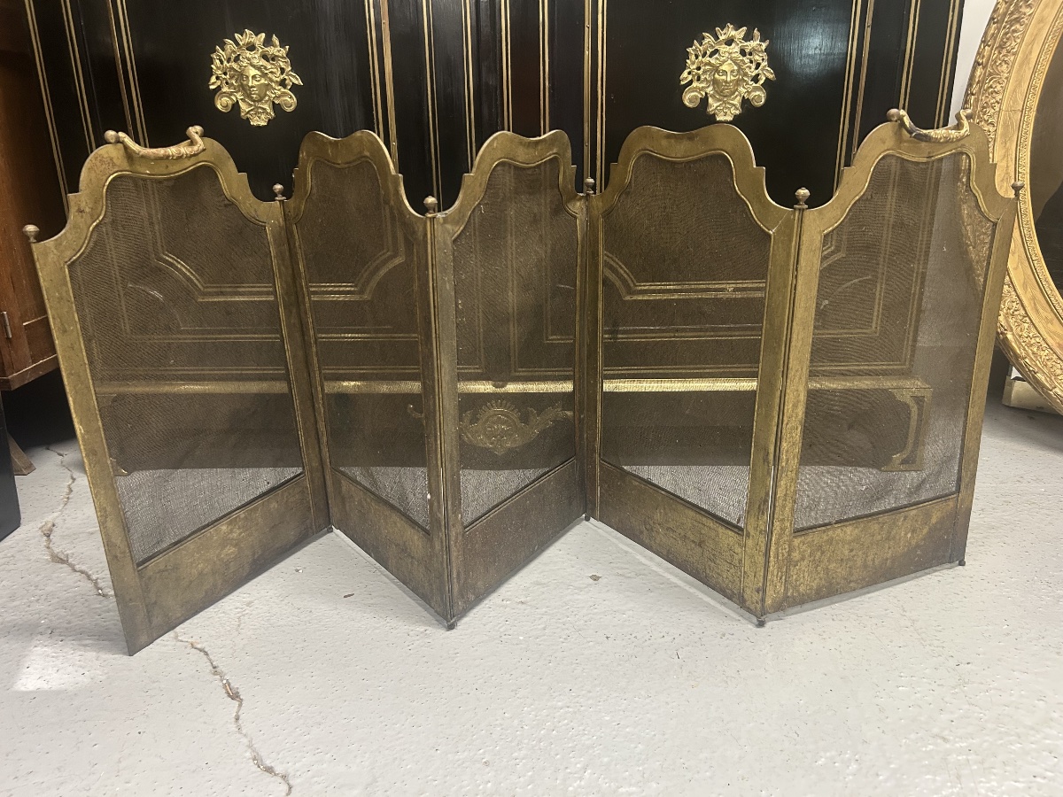 Vintage Late 19th-century Louis XV-style Brass Fireplace Screen Or Spark Guard -photo-7
