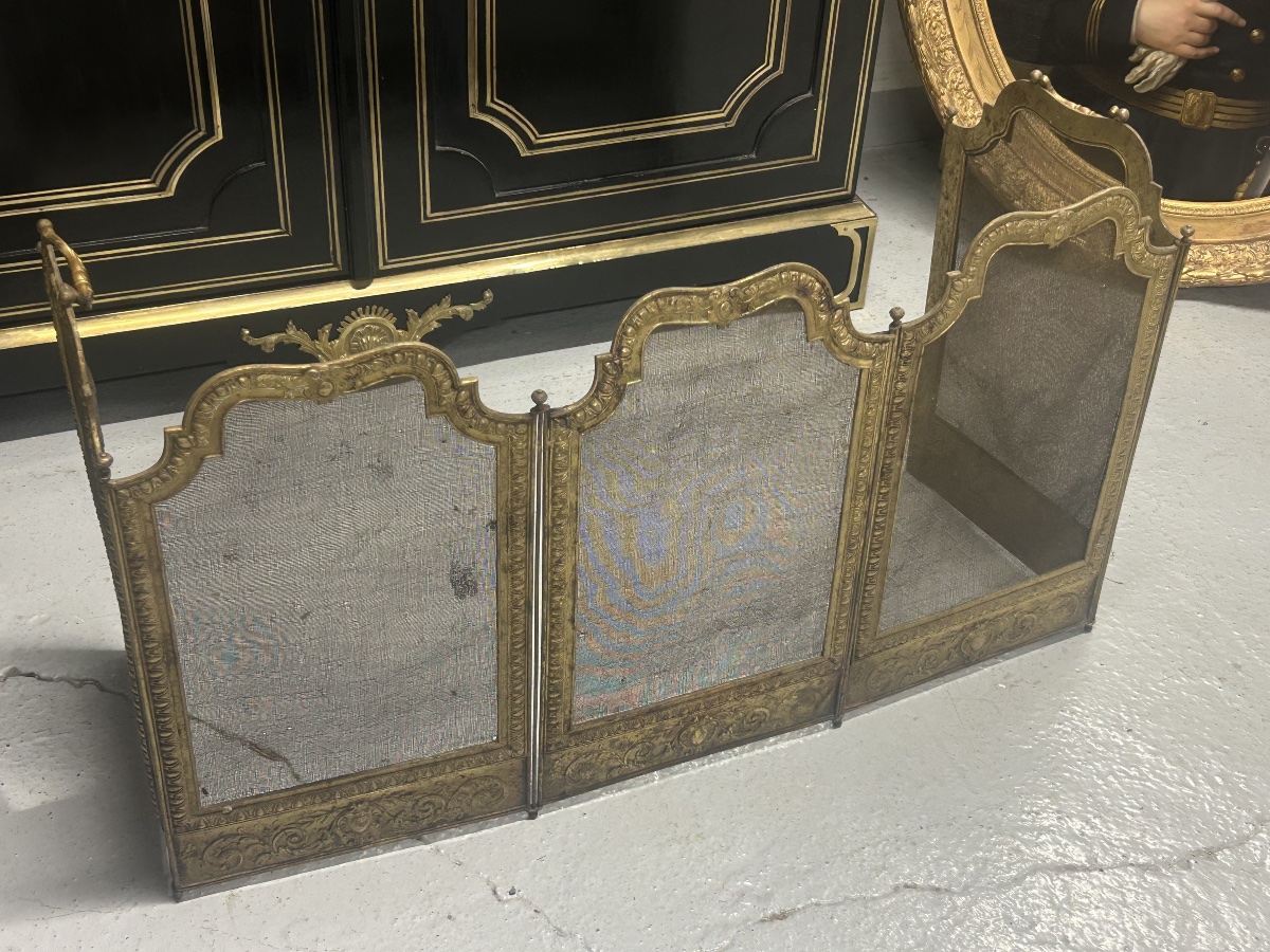 Vintage Late 19th-century Louis XV-style Brass Fireplace Screen Or Spark Guard -photo-8