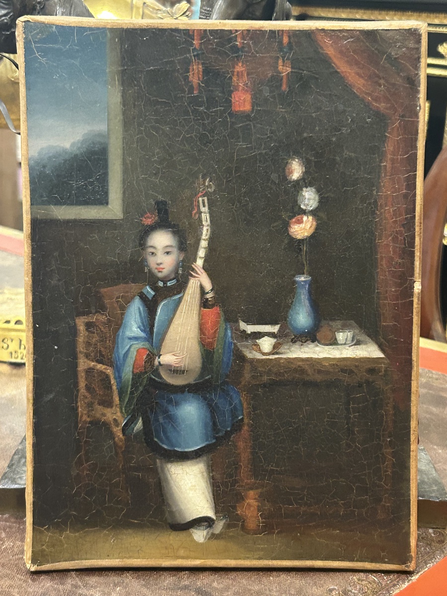 Oil On Canvas Painting Of A Young Asian Woman Playing The Pipa—19th-century Chinese School -photo-2