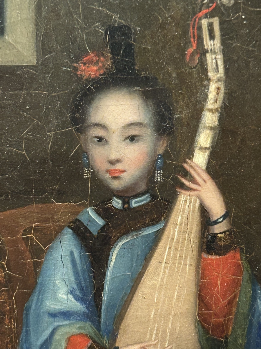 Oil On Canvas Painting Of A Young Asian Woman Playing The Pipa—19th-century Chinese School -photo-4