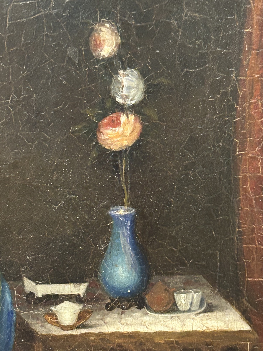 Oil On Canvas Painting Of A Young Asian Woman Playing The Pipa—19th-century Chinese School -photo-1