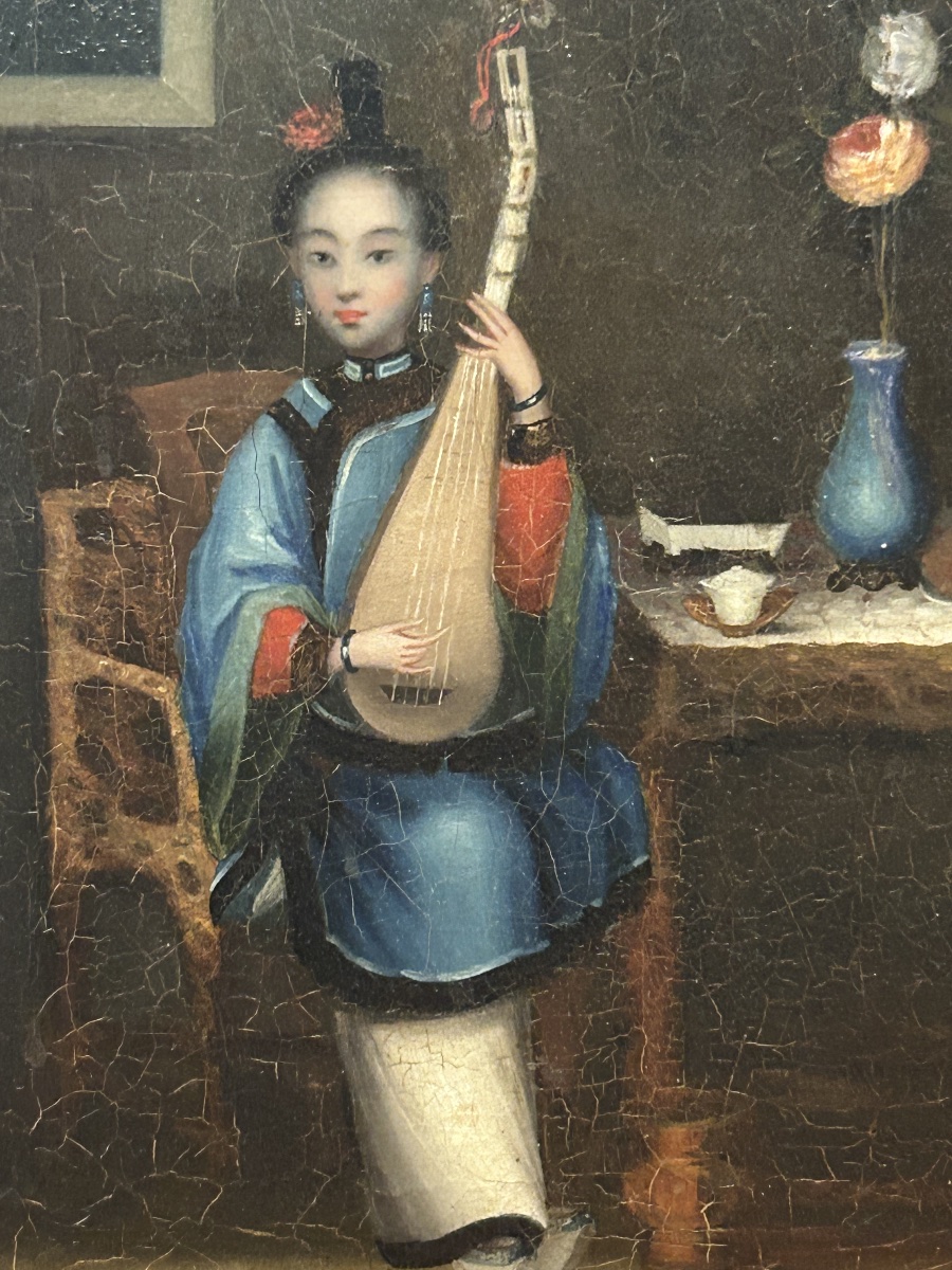 Oil On Canvas Painting Of A Young Asian Woman Playing The Pipa—19th-century Chinese School -photo-4