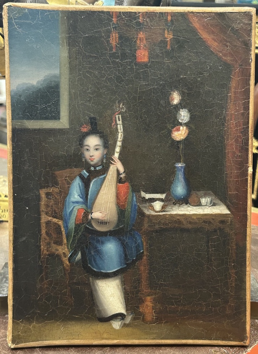 Oil On Canvas Painting Of A Young Asian Woman Playing The Pipa—19th-century Chinese School -photo-5