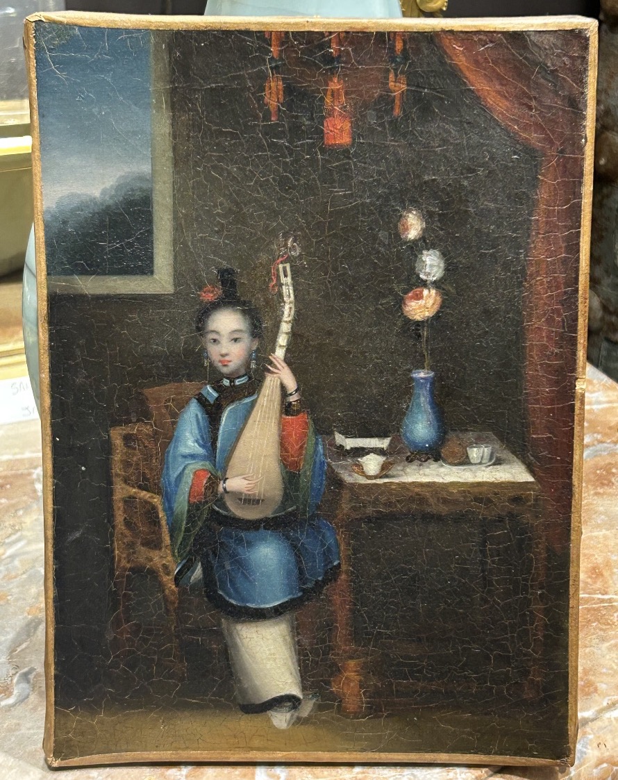 Oil On Canvas Painting Of A Young Asian Woman Playing The Pipa—19th-century Chinese School 