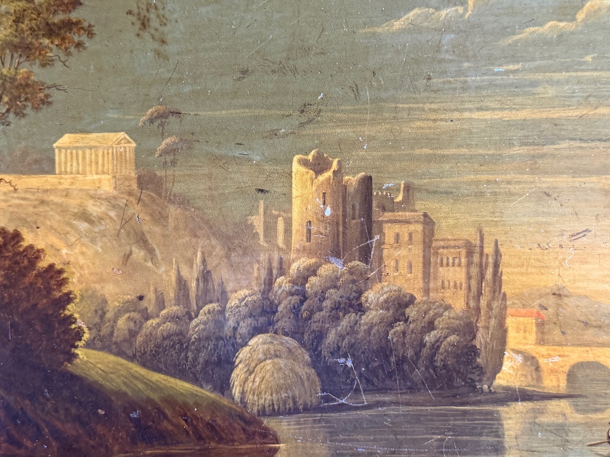 Grand plateau en tôle peint d’époque Napoléon III à décor de paysage et de fleurs  L 78 cm-photo-4