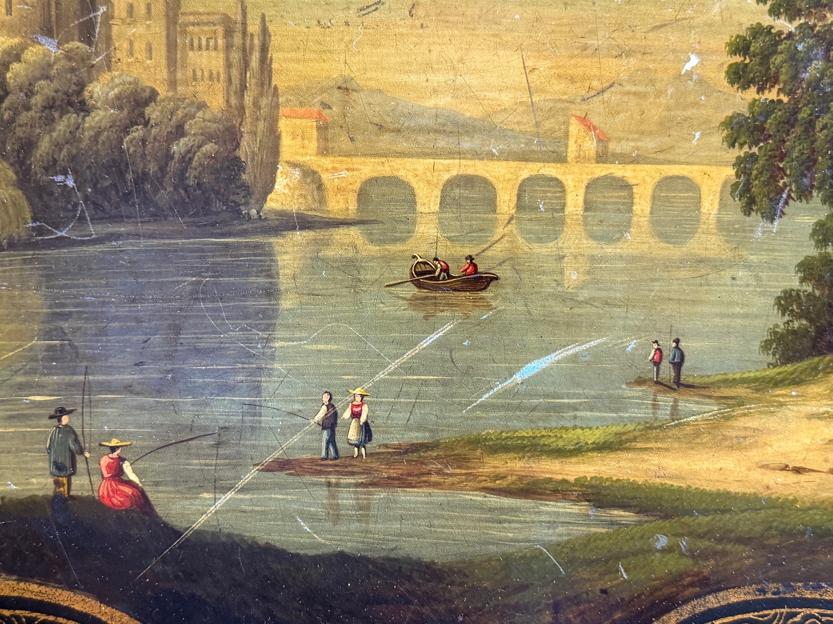 Grand plateau en tôle peint d’époque Napoléon III à décor de paysage et de fleurs  L 78 cm-photo-5