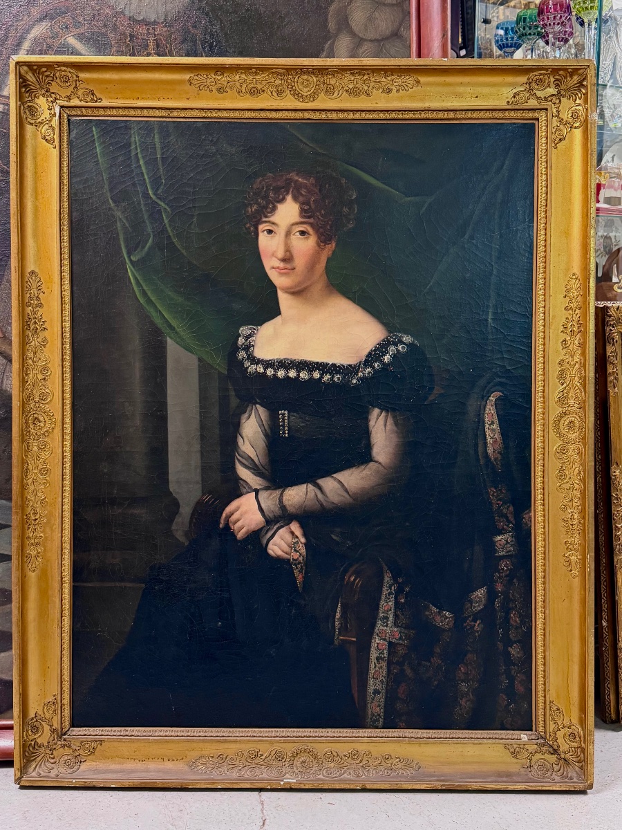 Grand portrait de femme d’époque Empire ou restauration H 133 cm-photo-5