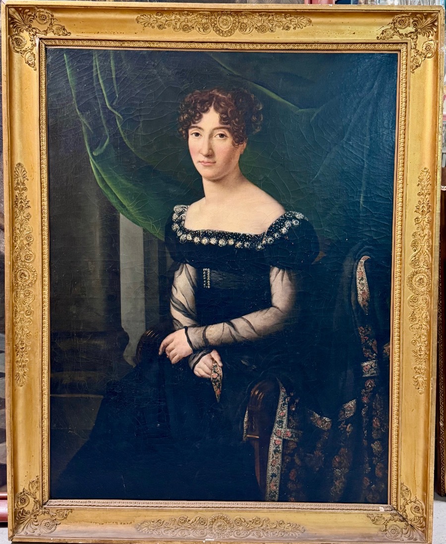 Grand portrait de femme d’époque Empire ou restauration H 133 cm