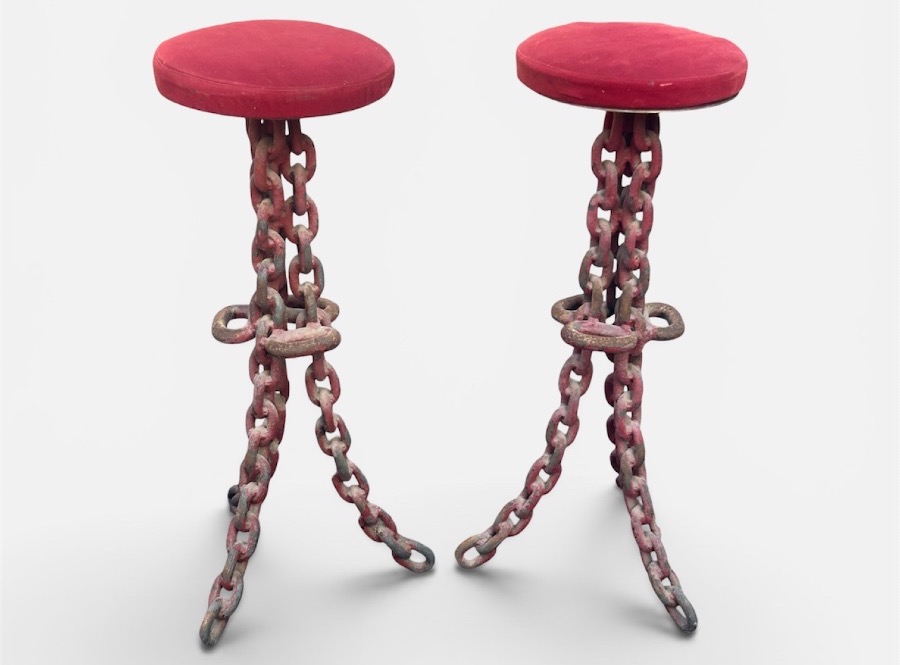 Tabourets de bar brutalistes en mailles de chaîne vers 1960-70 hauteurs 89 cm-photo-4