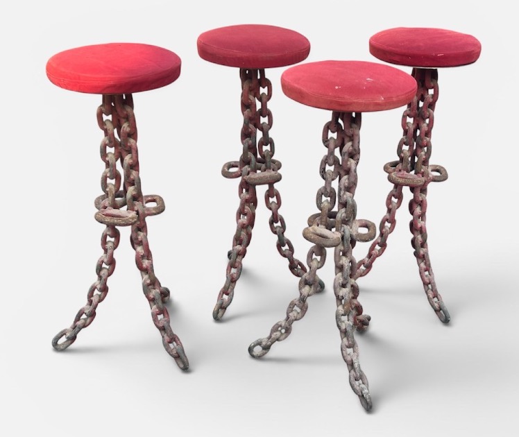 Tabourets de bar brutalistes en mailles de chaîne vers 1960-70 hauteurs 89 cm-photo-5