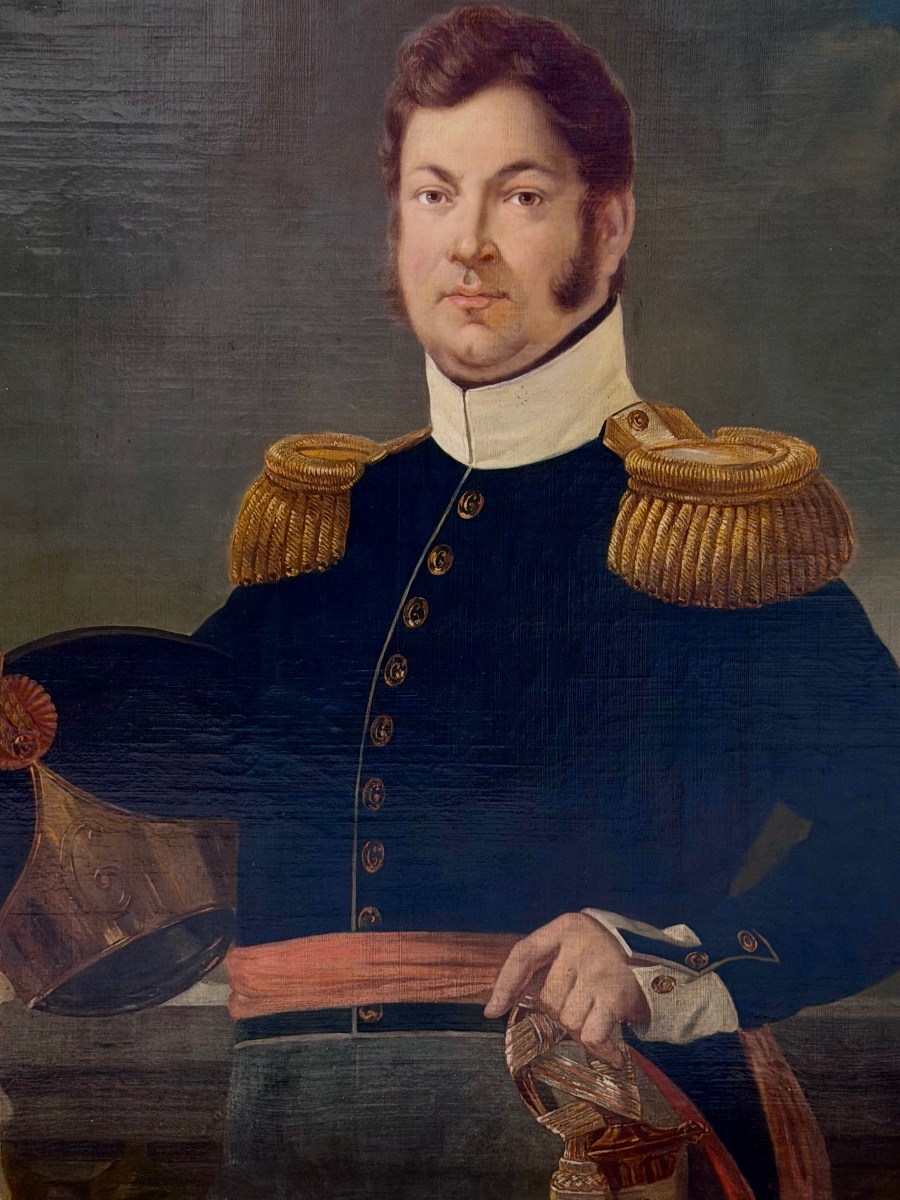 Grand portrait d’un officier militaire d’époque empire signé R. MAES Huile sur toile vers 1820-photo-2