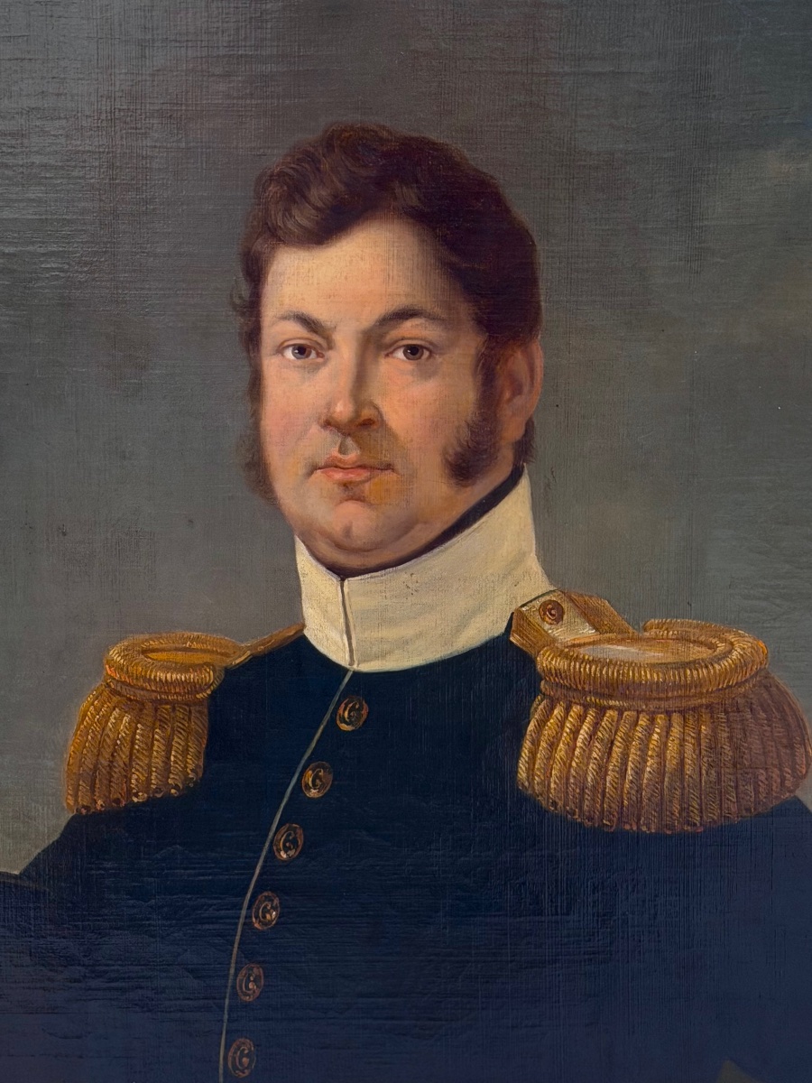 Grand portrait d’un officier militaire d’époque empire signé R. MAES Huile sur toile vers 1820-photo-1