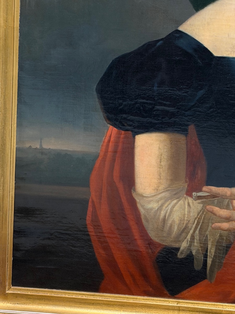 Grand portrait de femme Huile sur toile vers 1820 époque Empire signé R.MAES -photo-1