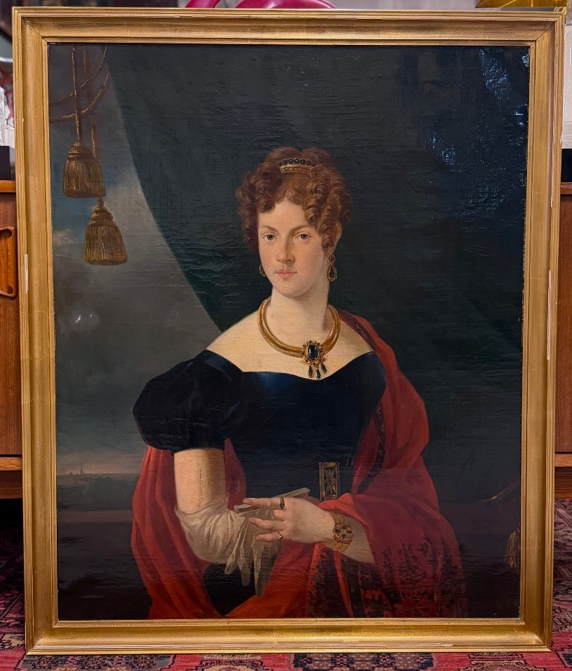 Grand portrait de femme Huile sur toile vers 1820 époque Empire signé R.MAES 