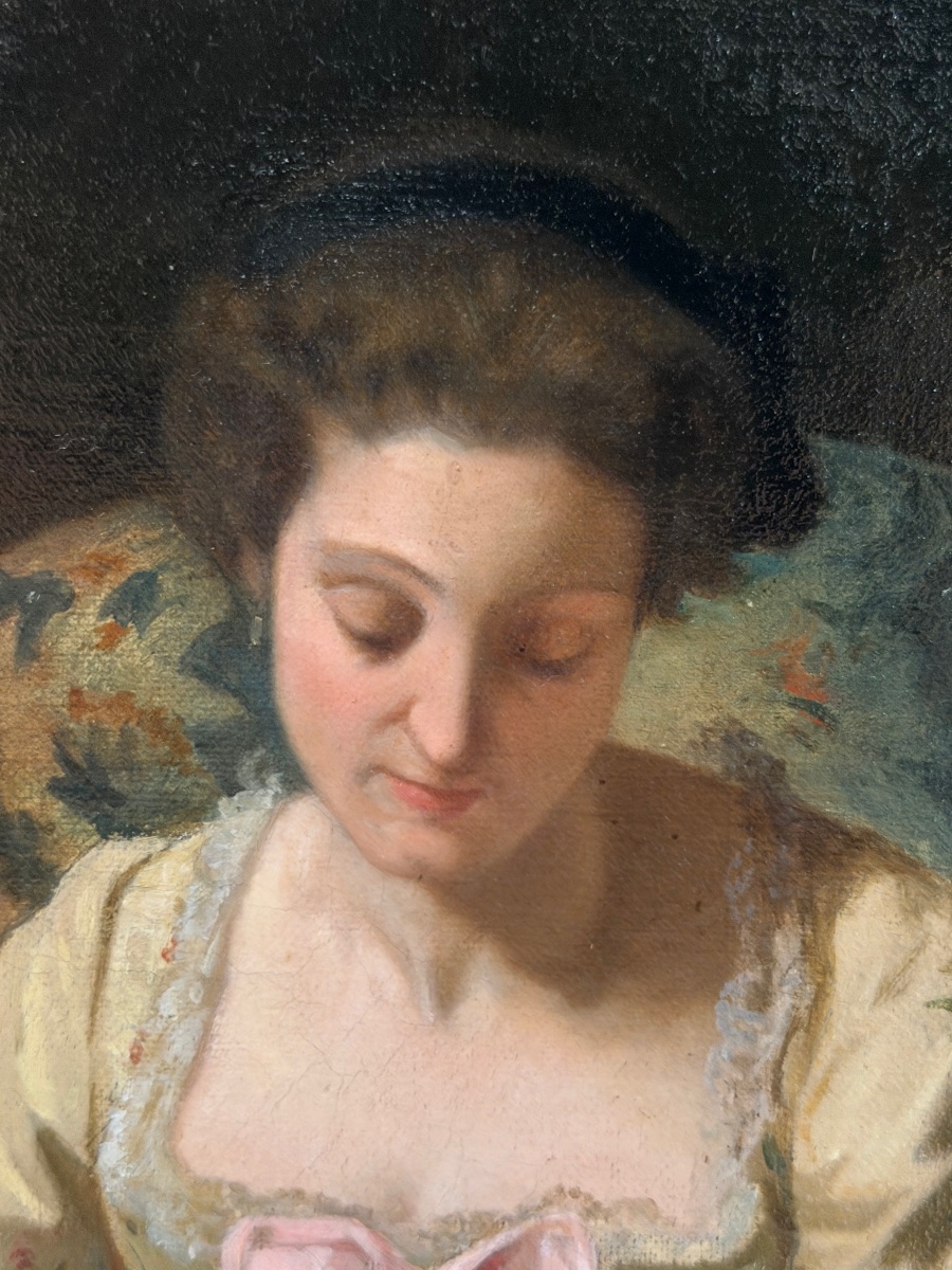 Joseph Caraud (1821–1905), *young Woman Reading*, Oil On Canvas, 19th Century—portrait -photo-1