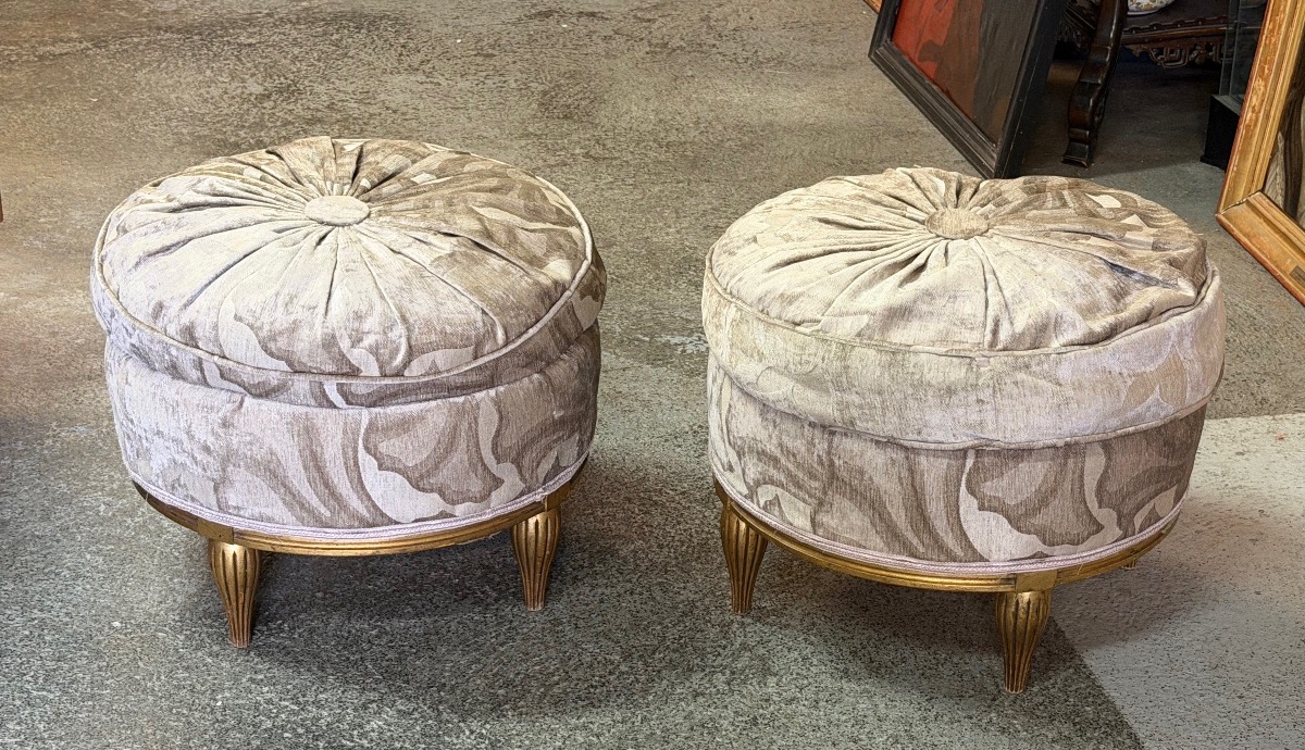 Paire de poufs d’époque Art Déco en bois doré - tabouret 