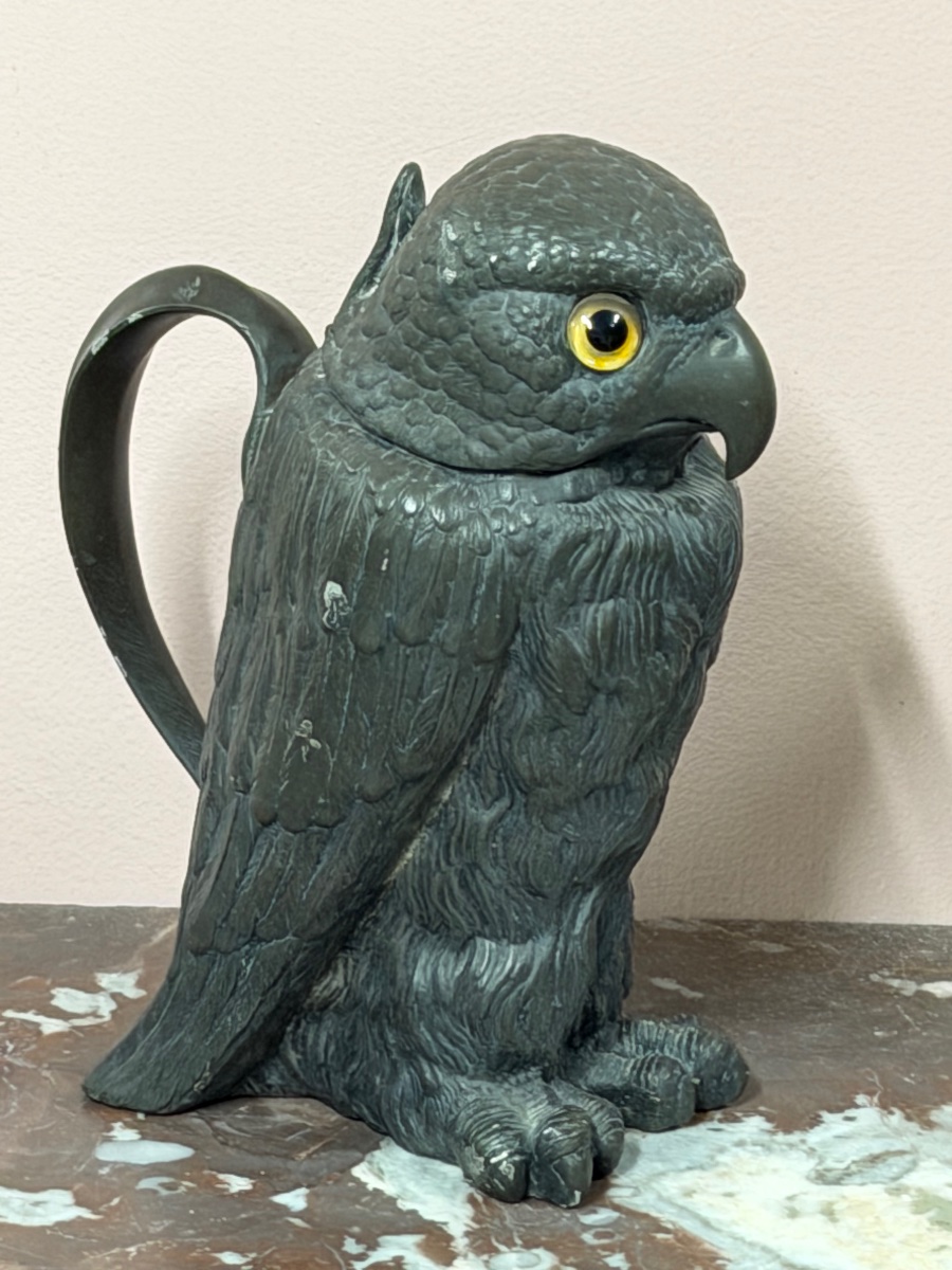 Pewter Pitcher Featuring An Owl Or Owls For The Famous La Marquise De Sèvigné Candy Shop, Early 20th Century
