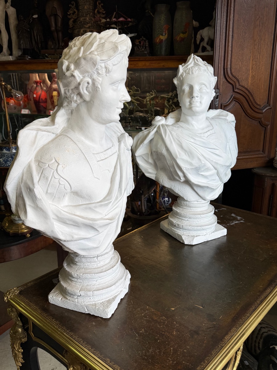 Paire de bustes empereurs ROMAINS grand buste en plâtre XXème siècle - empereur romain H 85 cm-photo-1