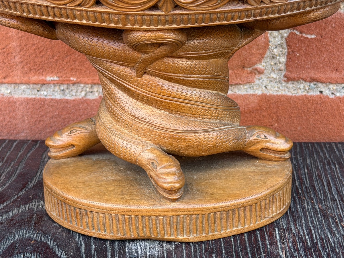 Art populaire - coupe sur pied en bois sculpté serpents et décors à motifs floraux ajouré XIXèm-photo-1