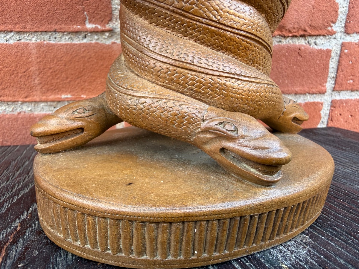 Art populaire - coupe sur pied en bois sculpté serpents et décors à motifs floraux ajouré XIXèm-photo-5