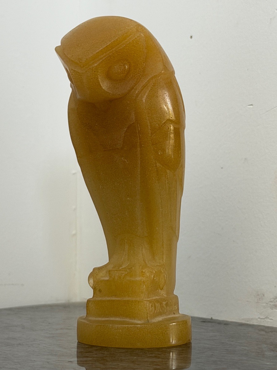 Édouard - Marcel SANDOZ (1880-1971) sculpture taille direct pierre jaune ambre Hiboux art déco 