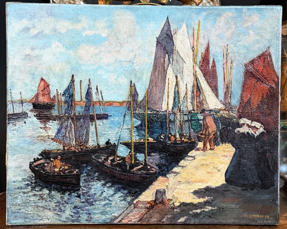 Fishing Port In Brittany—oil On Canvas, Signed M. Cotenceau—returning From A Fishing Trip In Finistère, Brittany-photo-2