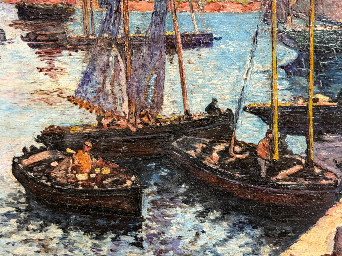 Fishing Port In Brittany—oil On Canvas, Signed M. Cotenceau—returning From A Fishing Trip In Finistère, Brittany-photo-3