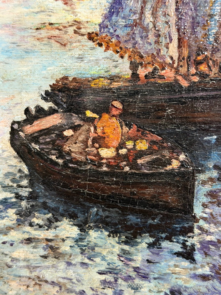 Fishing Port In Brittany—oil On Canvas, Signed M. Cotenceau—returning From A Fishing Trip In Finistère, Brittany-photo-5