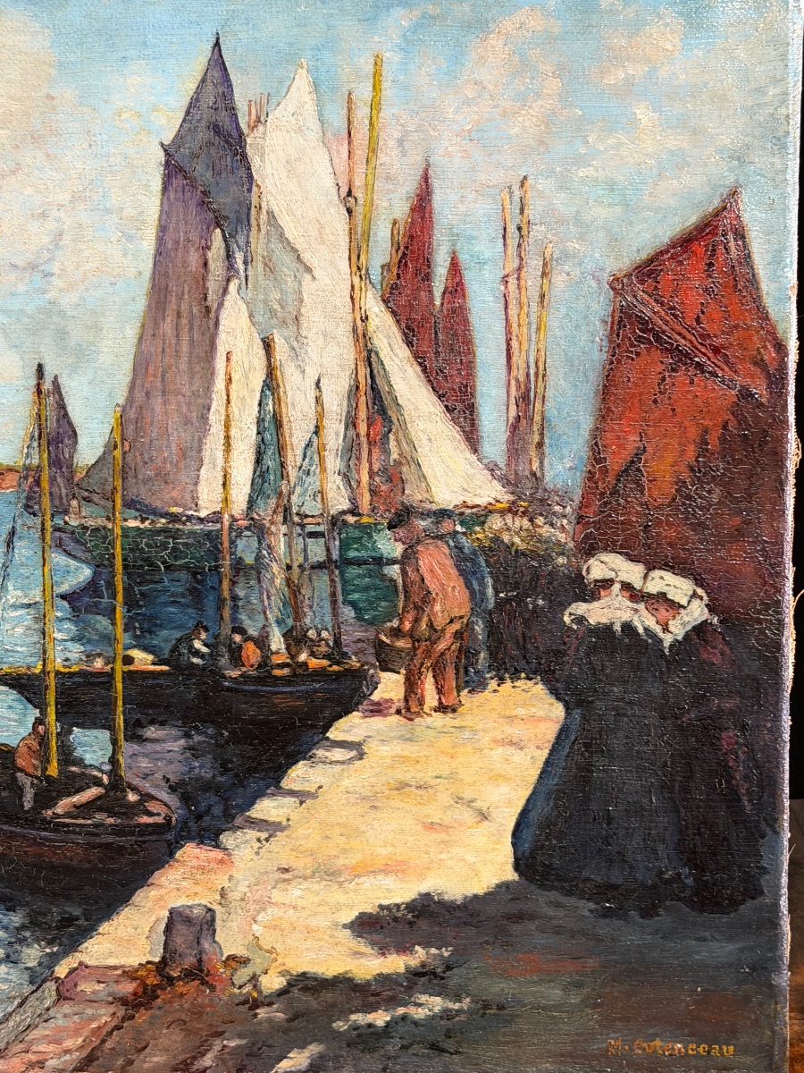 Fishing Port In Brittany—oil On Canvas, Signed M. Cotenceau—returning From A Fishing Trip In Finistère, Brittany-photo-6