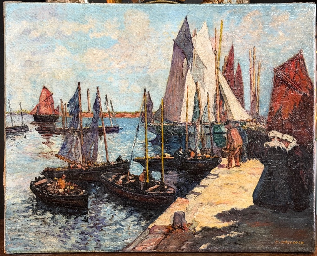 Fishing Port In Brittany—oil On Canvas, Signed M. Cotenceau—returning From A Fishing Trip In Finistère, Brittany