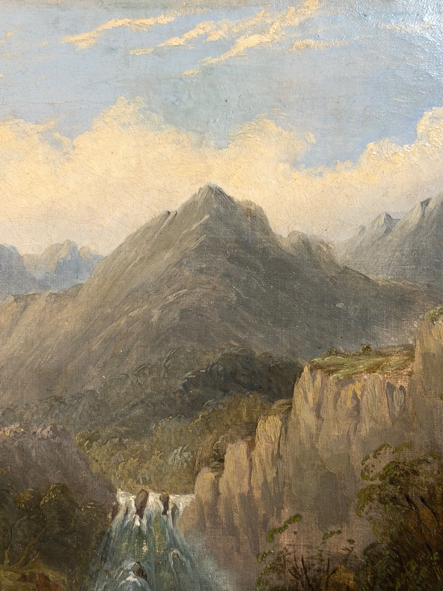 Huile sur toile paysage de montagne avec cascade dans le goût de Alexandre Calame (1810-1864)-photo-2