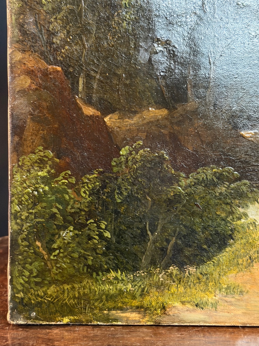 Huile sur toile paysage de montagne avec cascade dans le goût de Alexandre Calame (1810-1864)-photo-2