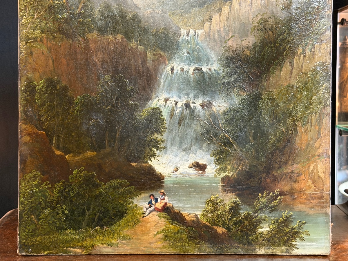 Huile sur toile paysage de montagne avec cascade dans le goût de Alexandre Calame (1810-1864)-photo-3
