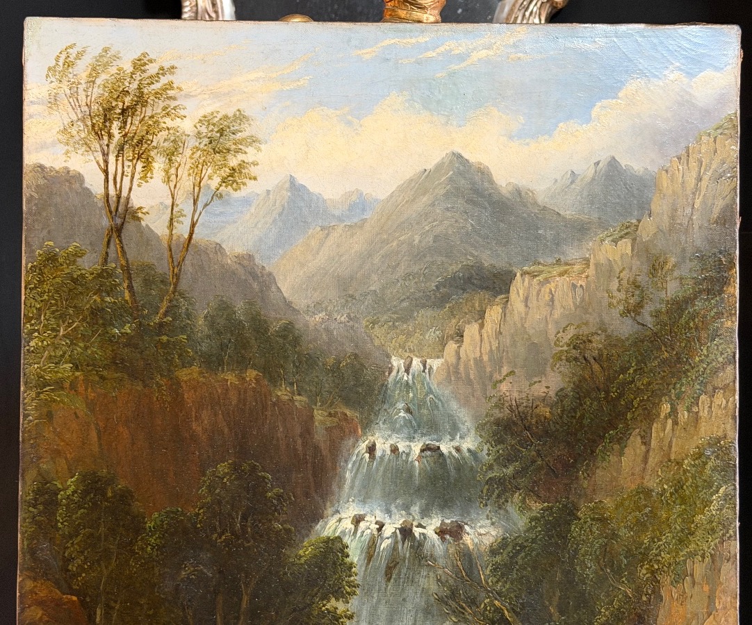 Huile sur toile paysage de montagne avec cascade dans le goût de Alexandre Calame (1810-1864)-photo-4