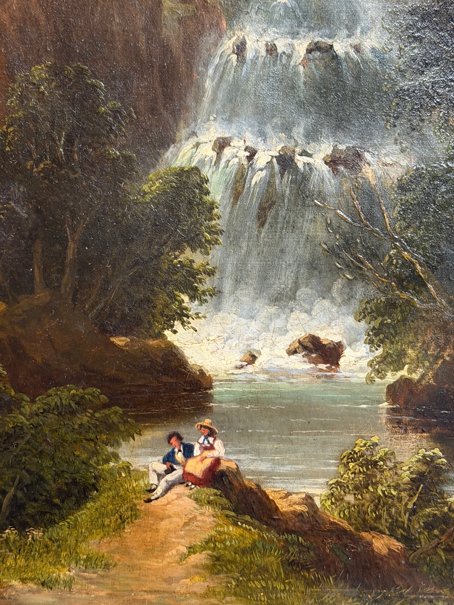 Huile sur toile paysage de montagne avec cascade dans le goût de Alexandre Calame (1810-1864)-photo-8