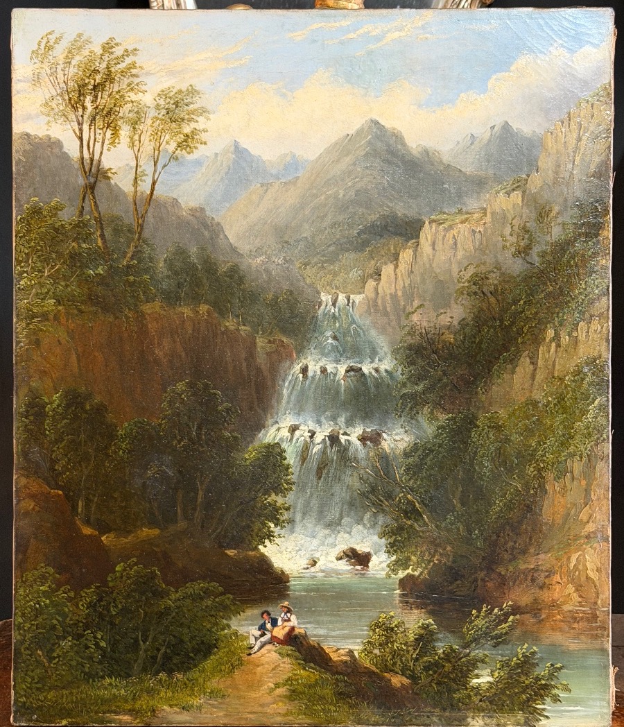 Huile sur toile paysage de montagne avec cascade dans le goût de Alexandre Calame (1810-1864)