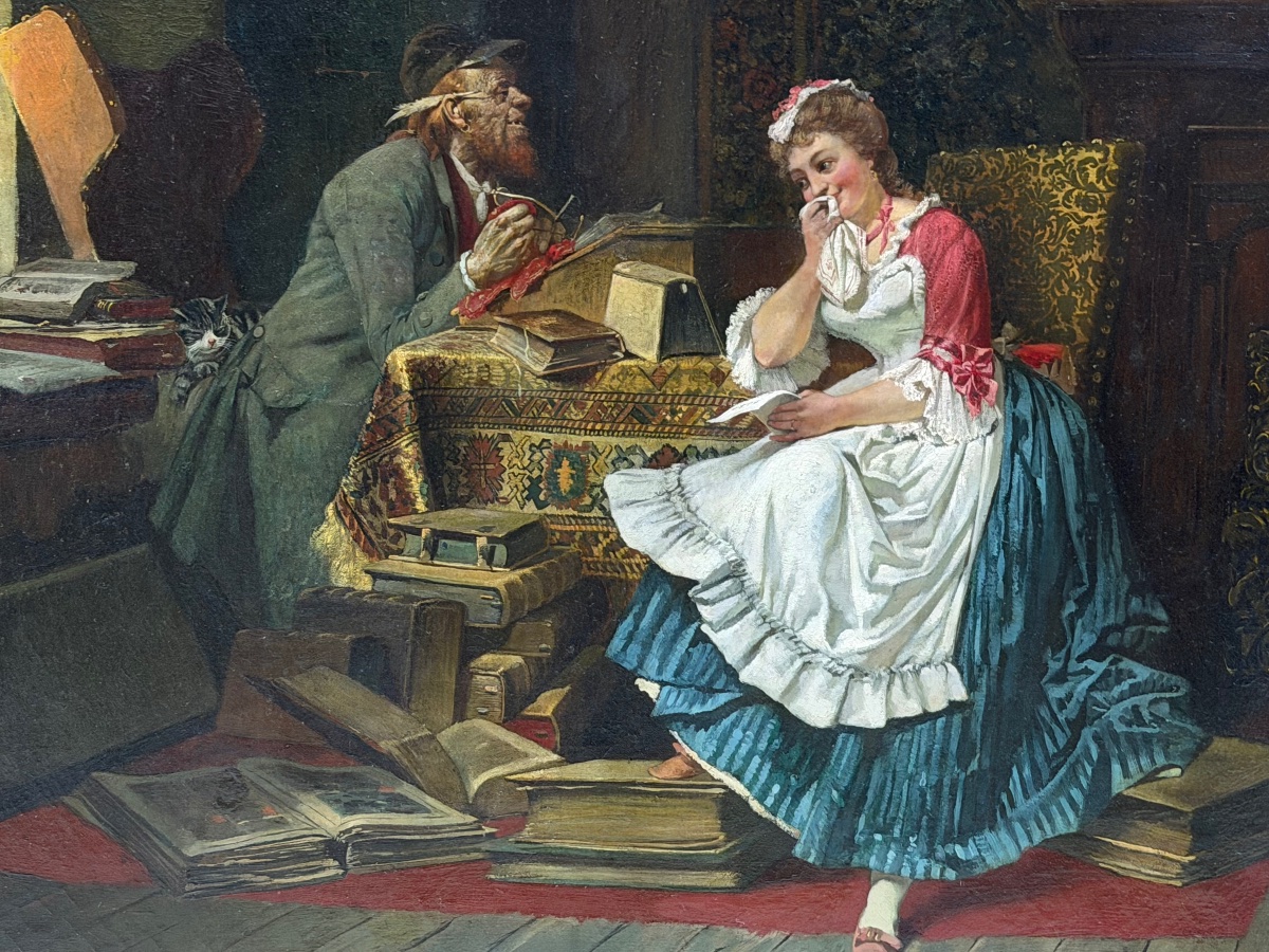 Jakobus Leisten (1844–1918), Oil On Canvas, “a Gallant And Literary Scene,” Height 85 Cm, Dated 1881 -photo-2