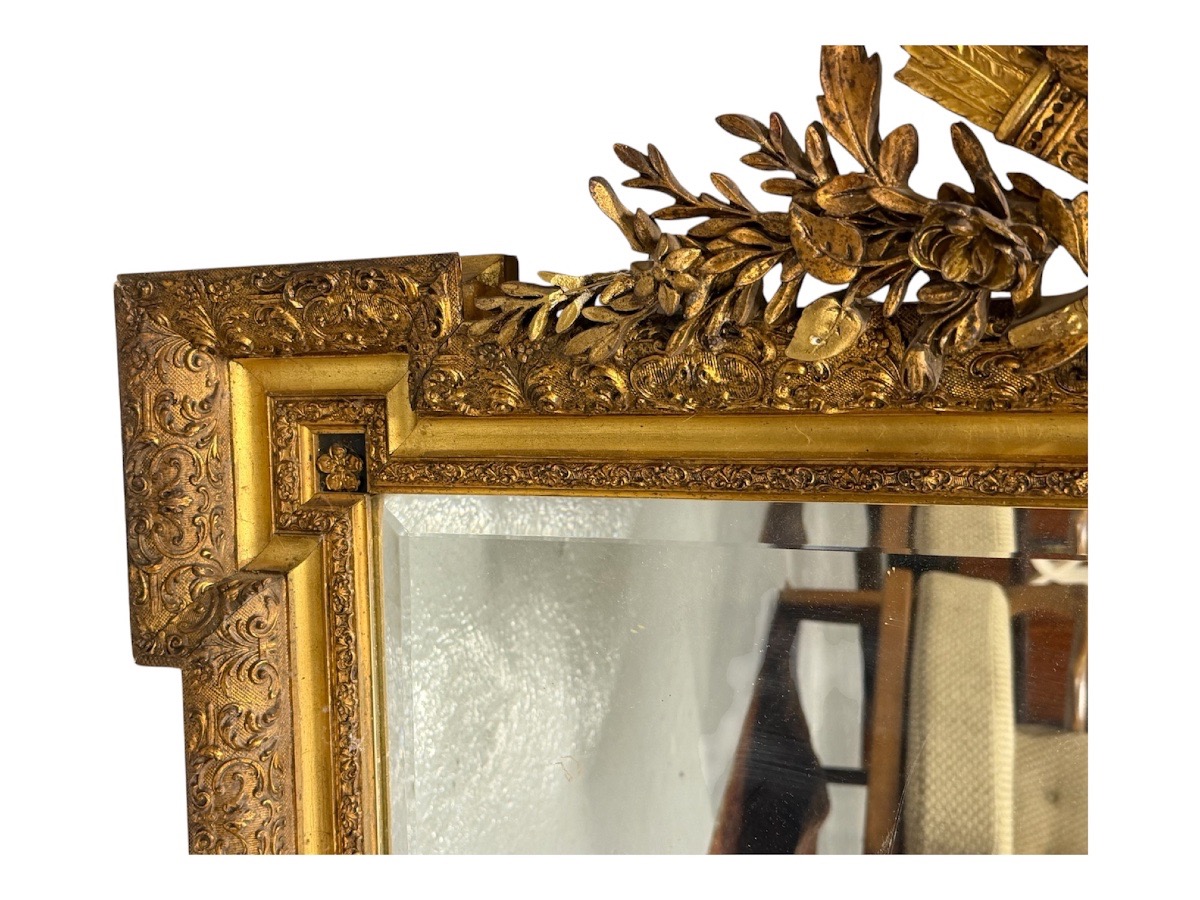 Louis XVI-style Mirror From The Napoleon III Era, Made Of Wood And Gilded Stucco With A Bird Motif - Mirror Panel -photo-2