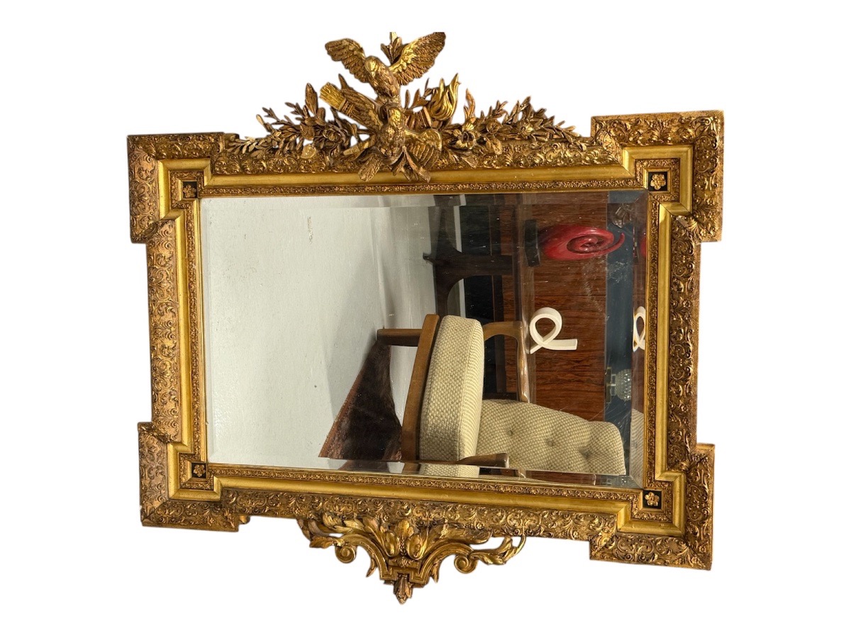 Louis XVI-style Mirror From The Napoleon III Era, Made Of Wood And Gilded Stucco With A Bird Motif - Mirror Panel -photo-3