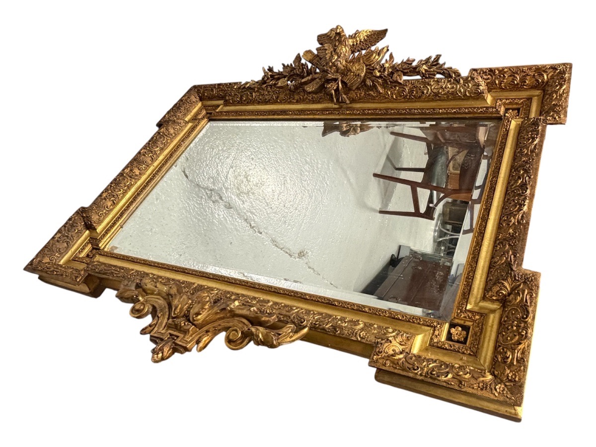 Louis XVI-style Mirror From The Napoleon III Era, Made Of Wood And Gilded Stucco With A Bird Motif - Mirror Panel -photo-5