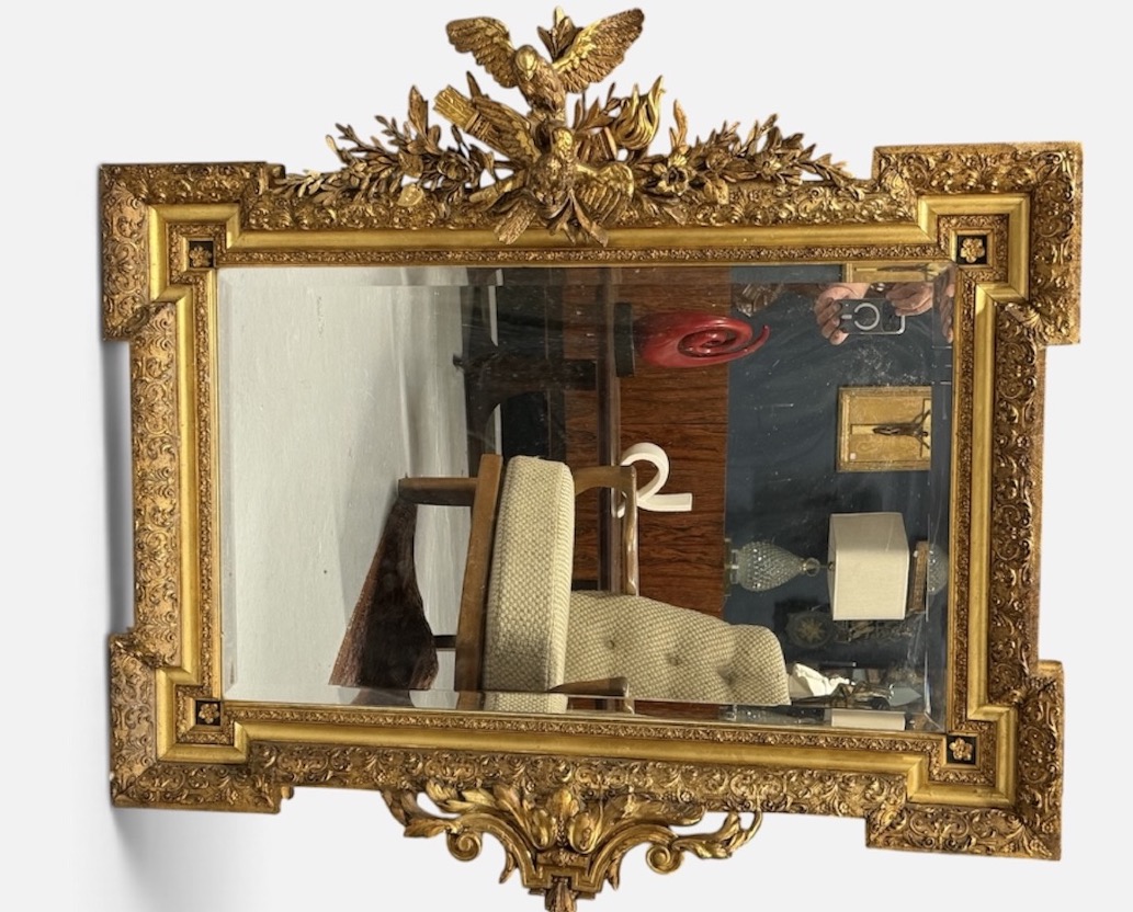 Louis XVI-style Mirror From The Napoleon III Era, Made Of Wood And Gilded Stucco With A Bird Motif - Mirror Panel 