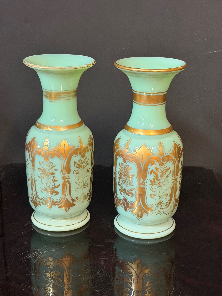 Paire de vases en opaline verte et dorée d’époque Napoléon III - Baccarat H 24,5 cm-photo-3