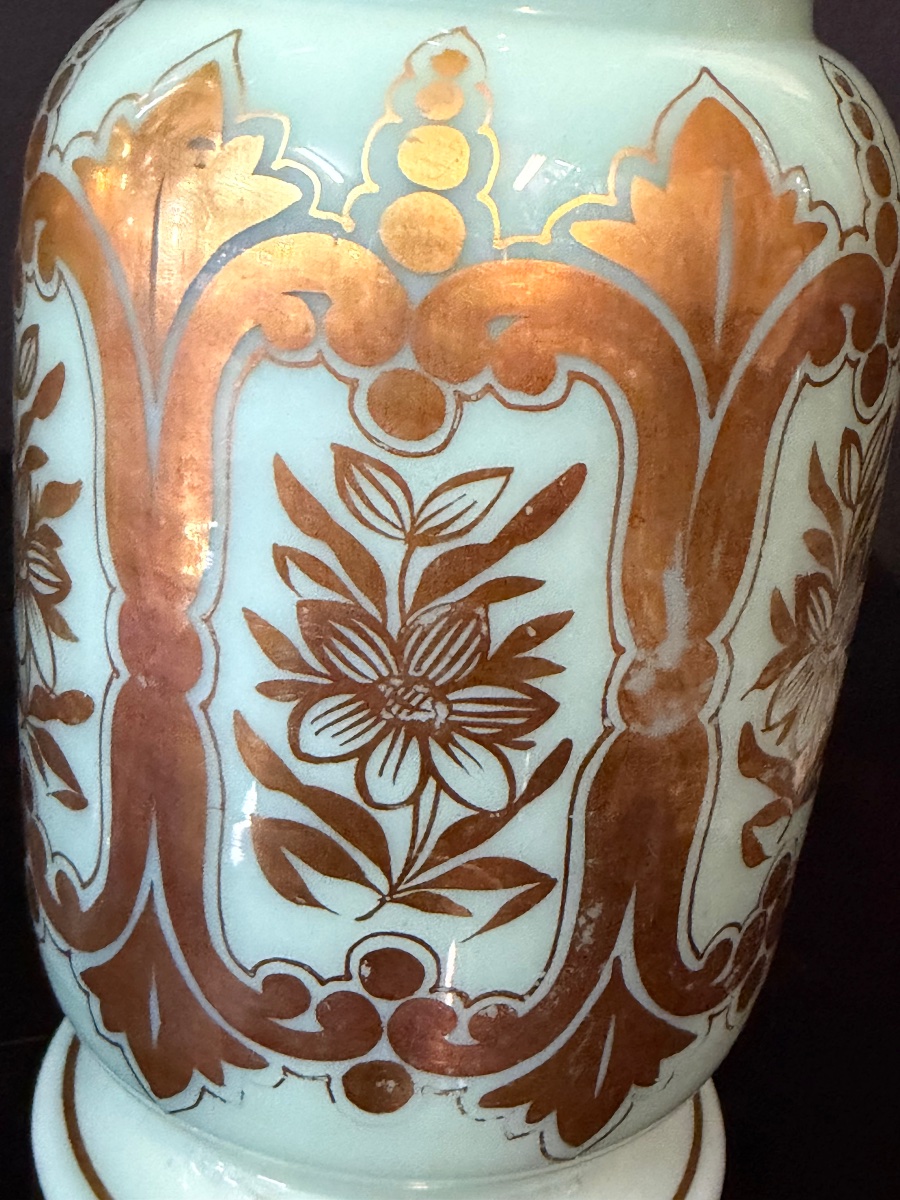 Paire de vases en opaline verte et dorée d’époque Napoléon III - Baccarat H 24,5 cm-photo-4