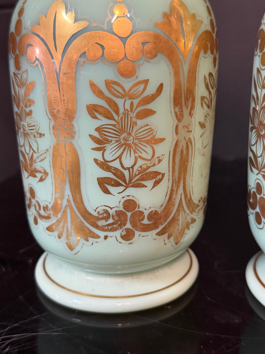 Paire de vases en opaline verte et dorée d’époque Napoléon III - Baccarat H 24,5 cm-photo-6