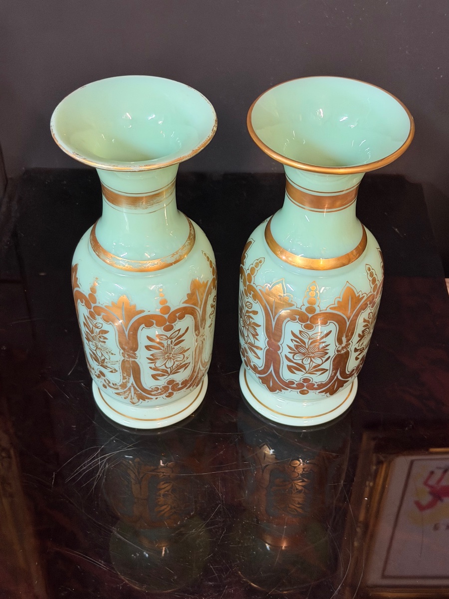Paire de vases en opaline verte et dorée d’époque Napoléon III - Baccarat H 24,5 cm-photo-7