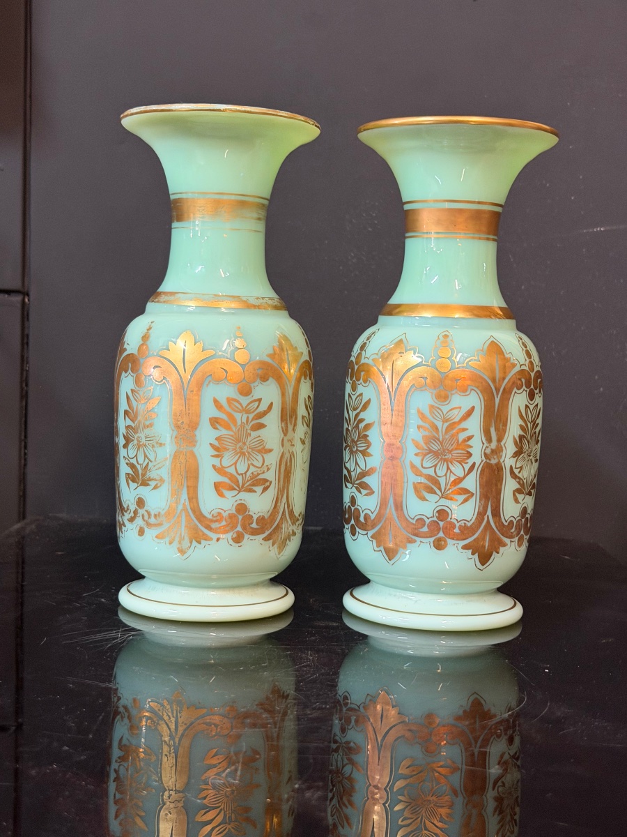 Paire de vases en opaline verte et dorée d’époque Napoléon III - Baccarat H 24,5 cm-photo-8