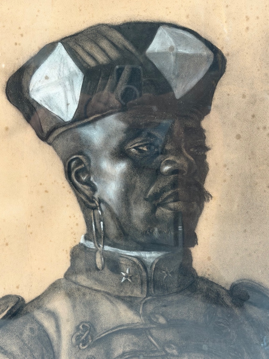 Portrait de dignitaire africain ou militaire de l’époque colonial vers 1900 - fusain -photo-4