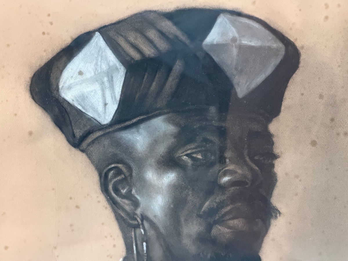 Portrait de dignitaire africain ou militaire de l’époque colonial vers 1900 - fusain -photo-8